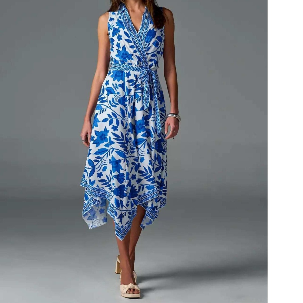Boston Proper Positano Fleurs Print Surplice Midi Dress Women XS Blue White NWT